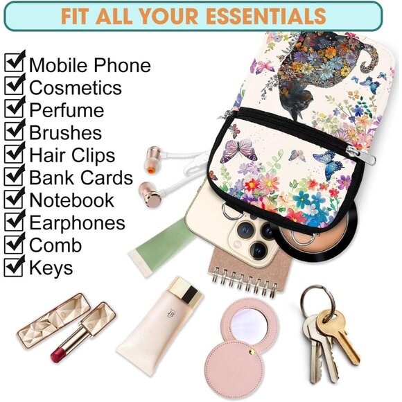 Waterproof Cat Lover Crossbody Phone Bag Small Canvas Zipper Fashion Gift - Picture 5 of 7